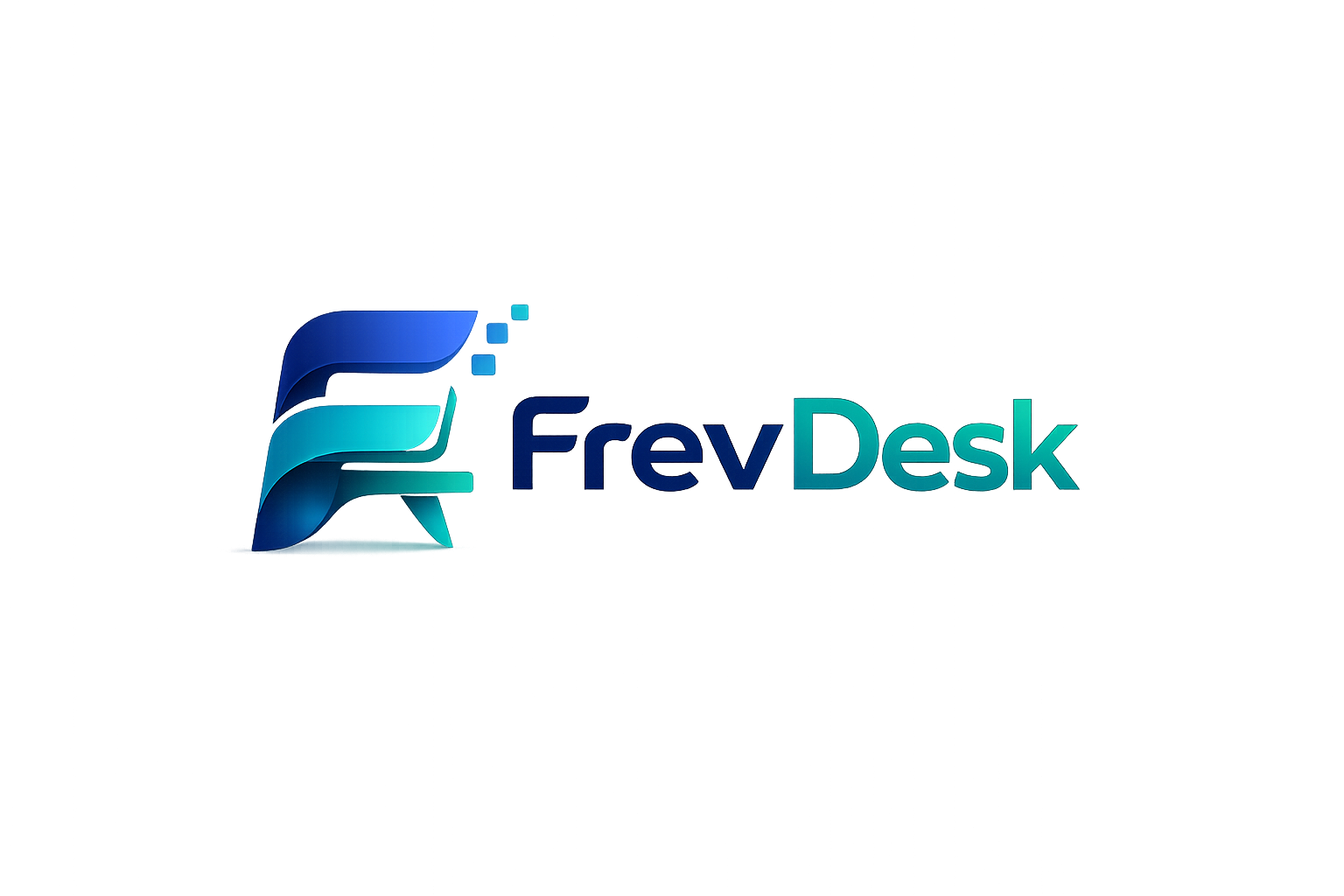 FrevDesk brand mark and blue teal logotype displayed on a white background